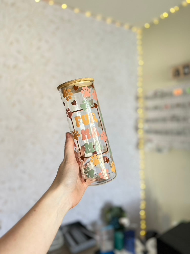 Fur Mama | UVDTF | 25oz Skinny Glass Tumbler with Bamboo Lid & Straw