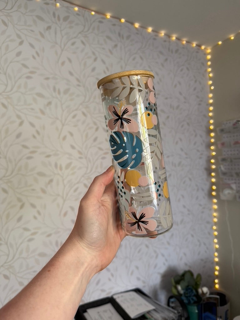 Hawaiian Floral | UVDTF | 25oz Skinny Glass Tumbler with Bamboo Lid & Straw