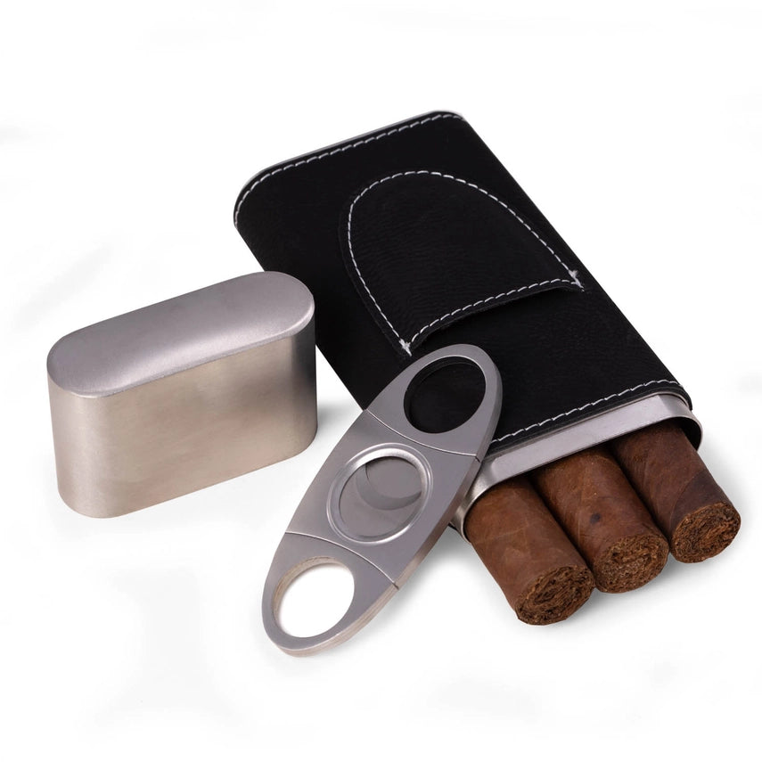 Harrison Leather and Steel Cigar Case with Cutter