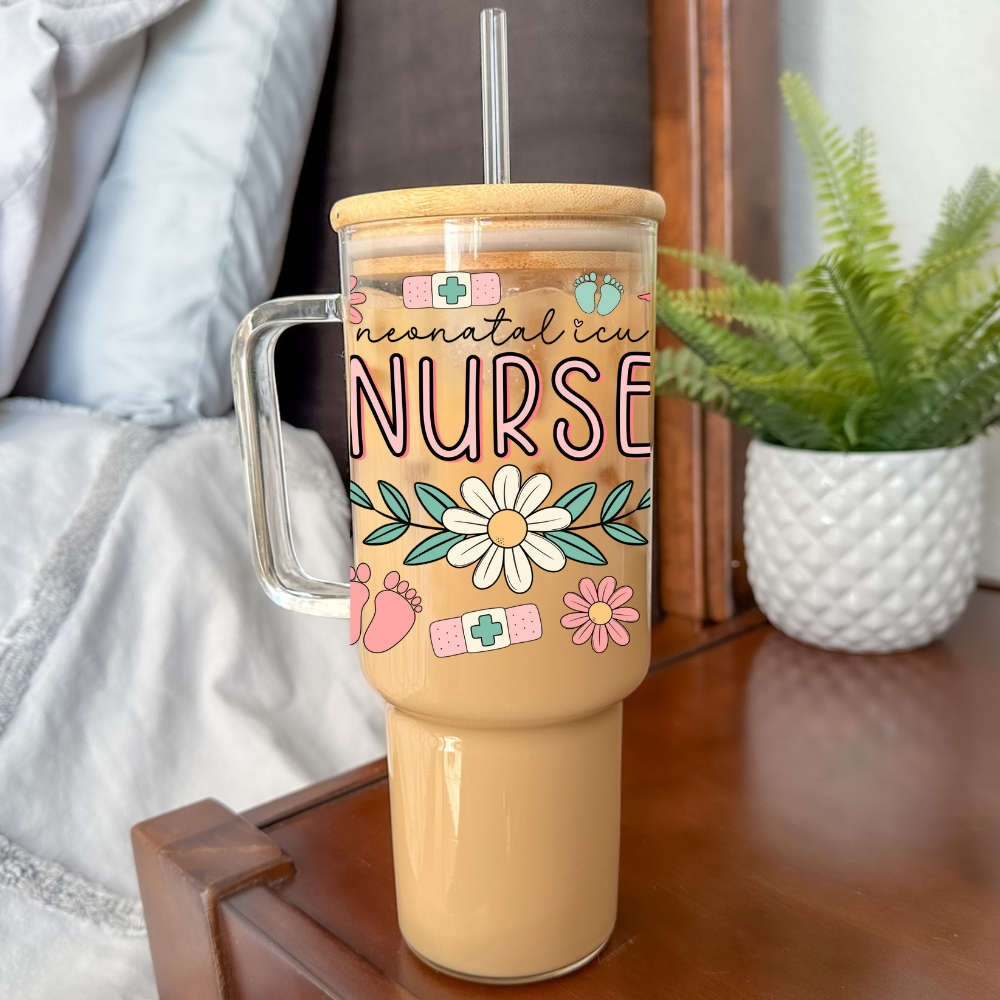 Neonatal ICU (NICU) Nurse | UVDTF | 40oz Glass Tumbler with Bamboo Lid & Straw