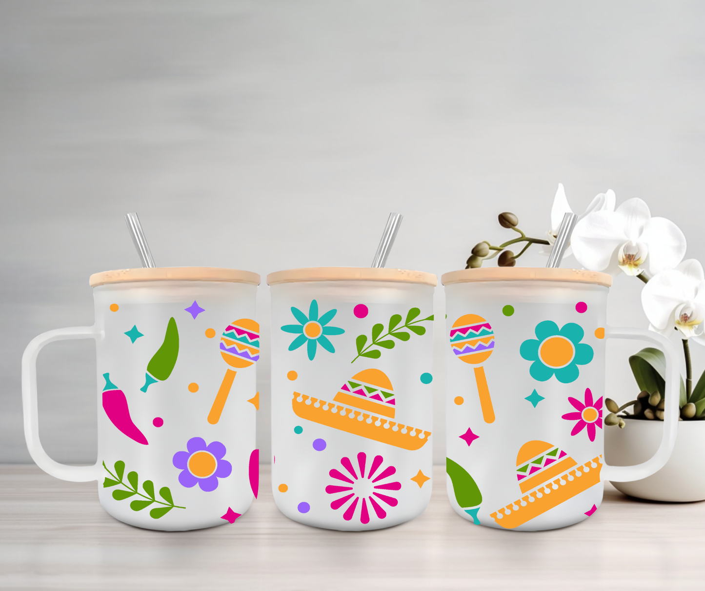 Cinco de Mayo | UVDTF | 15oz Mug with Handle, Bamboo Lid & Straw