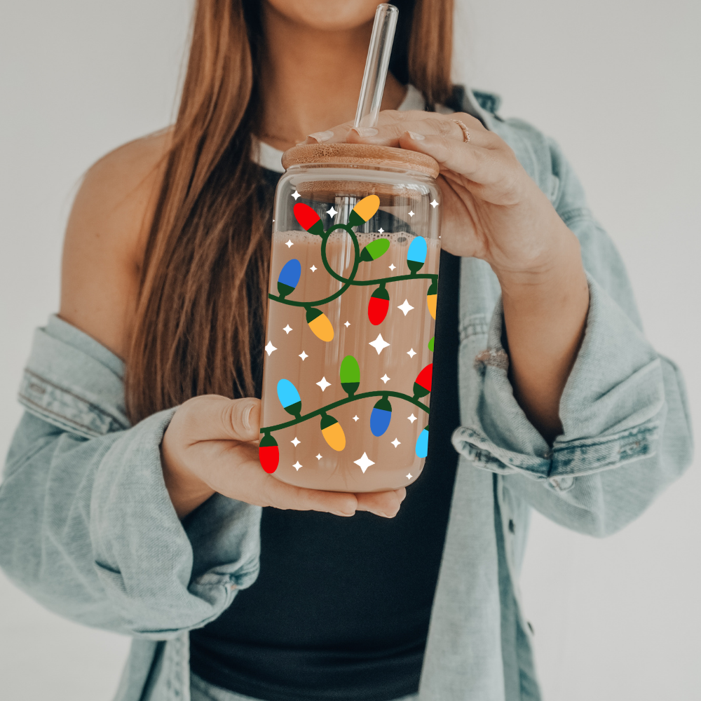 Christmas Lights | VINYL | 20 oz Libbey Can Glass with Bamboo Lid & Straw