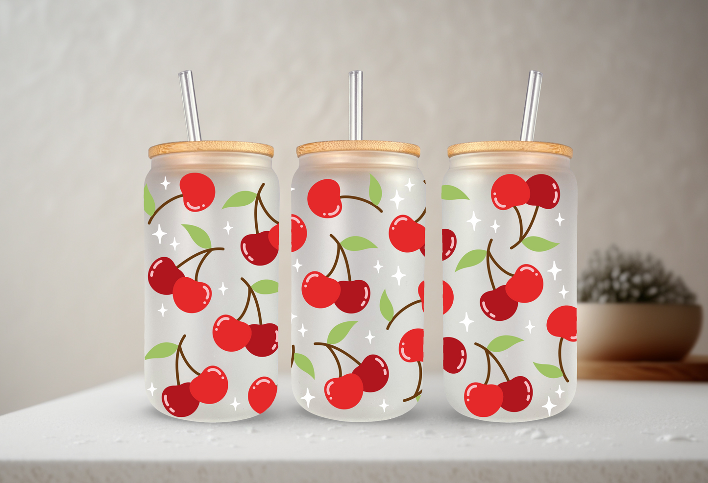 Cherry | VINYL | 20 oz Libbey Can Glass with Bamboo Lid & Straw