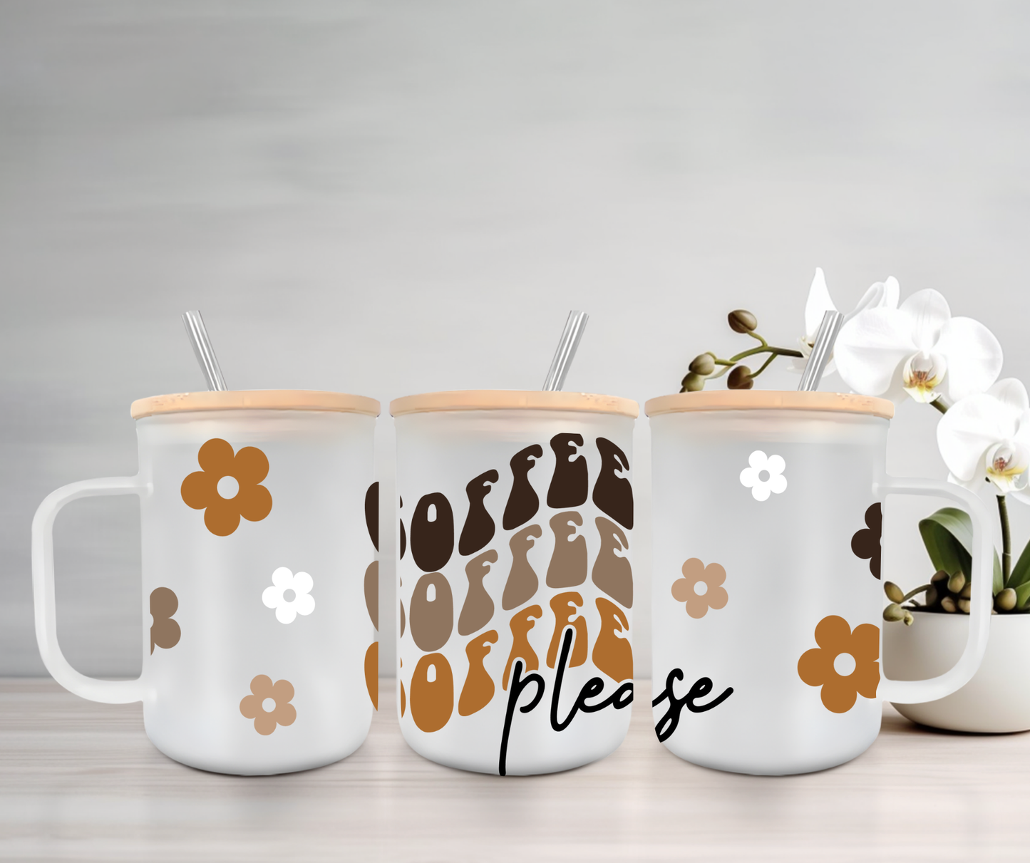 Coffee Please | UVDTF | 15oz Mug with Handle, Bamboo Lid & Straw