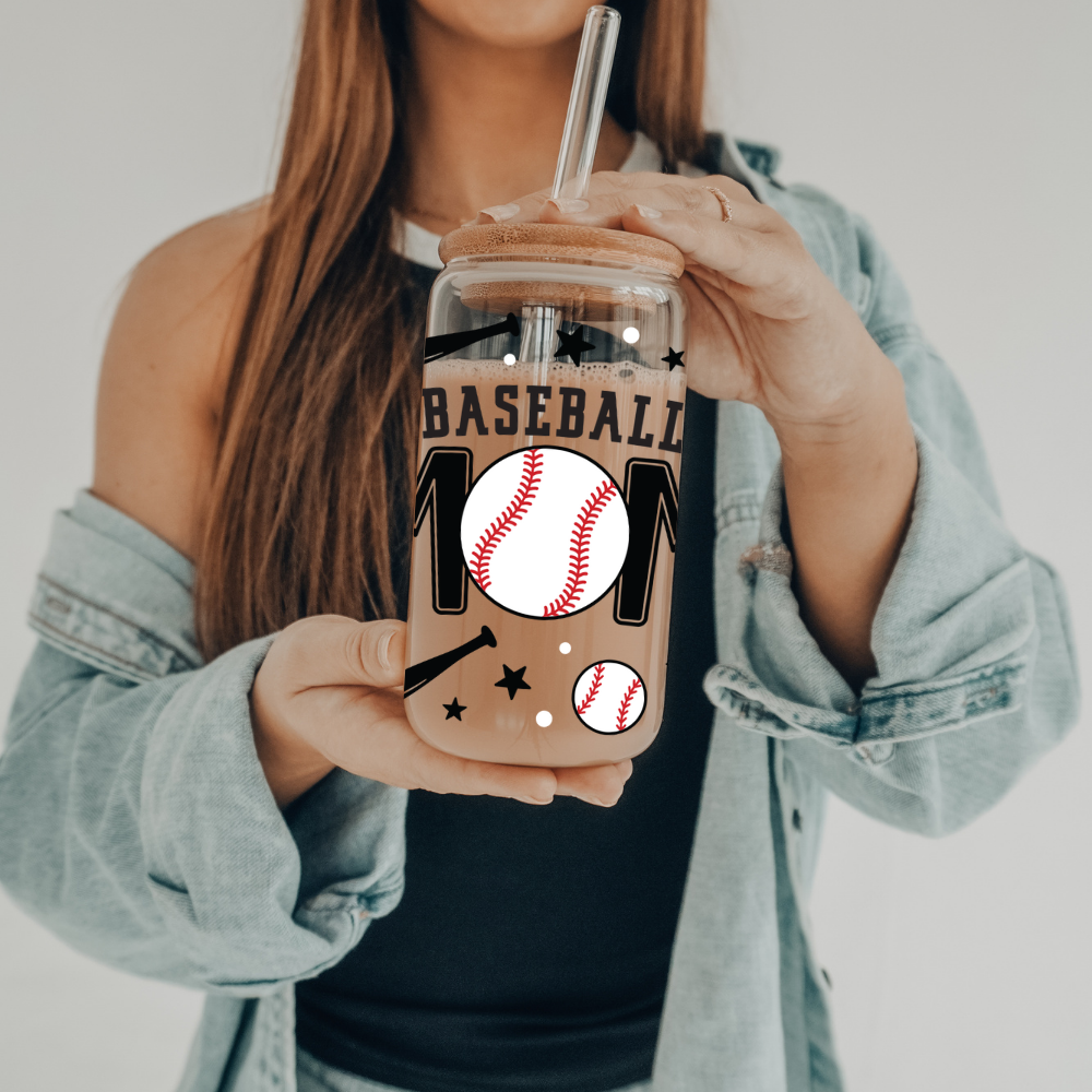 Baseball Mom | UVDTF | 20 oz Libbey Can Glass with Bamboo Lid & Straw
