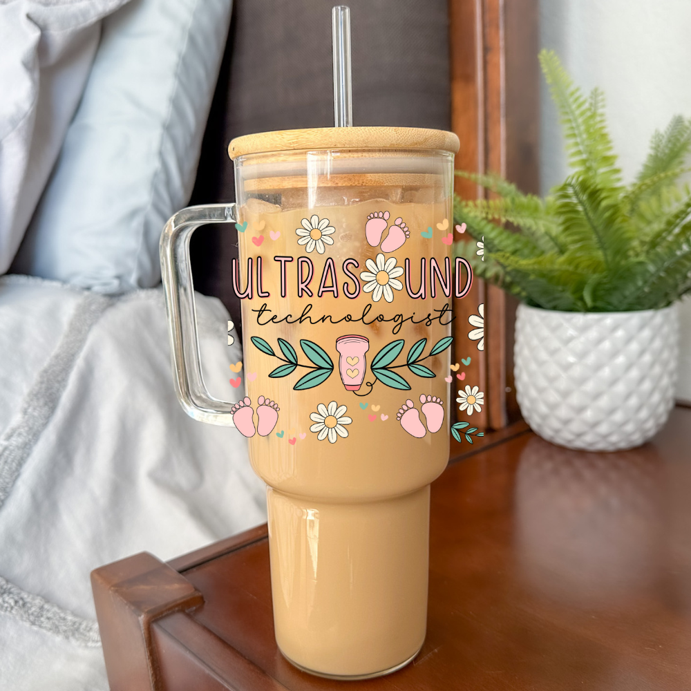 Ultrasound Tech | UVDTF | 40oz Glass Tumbler with Bamboo Lid & Straw