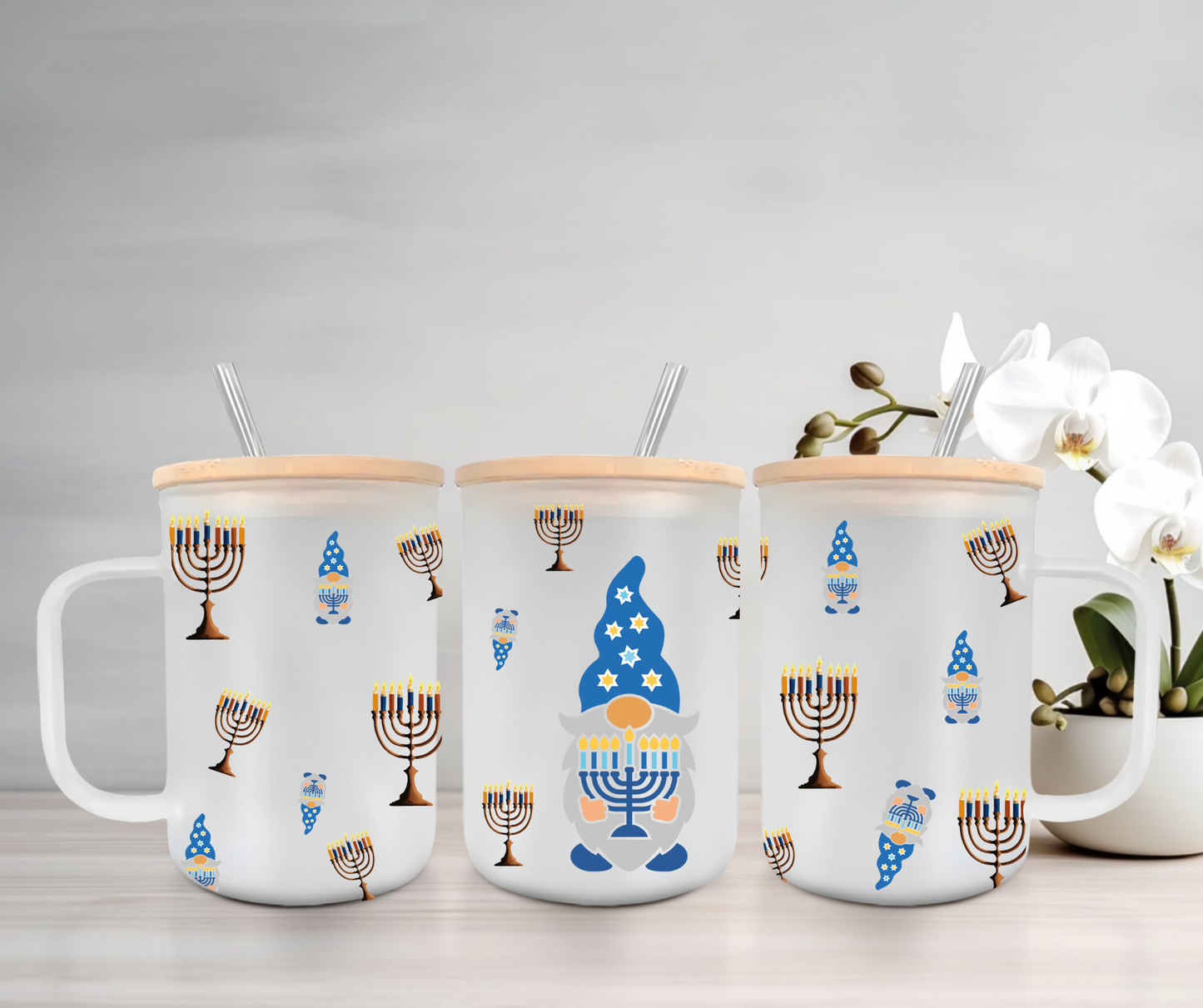 Hanukkah Gnome | UVDTF | 15oz Mug with Handle, Bamboo Lid & Straw