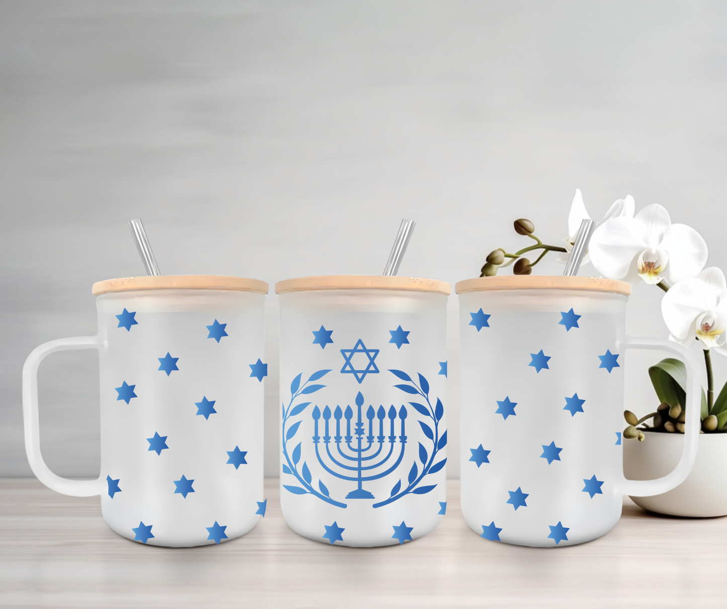 Hanukkah | UVDTF | 15oz Mug with Handle, Bamboo Lid & Straw