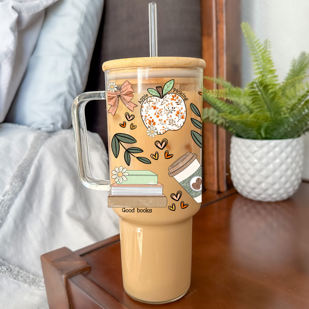 Fall Coquette | UVDTF | 40oz Glass Tumbler with Bamboo Lid & Straw