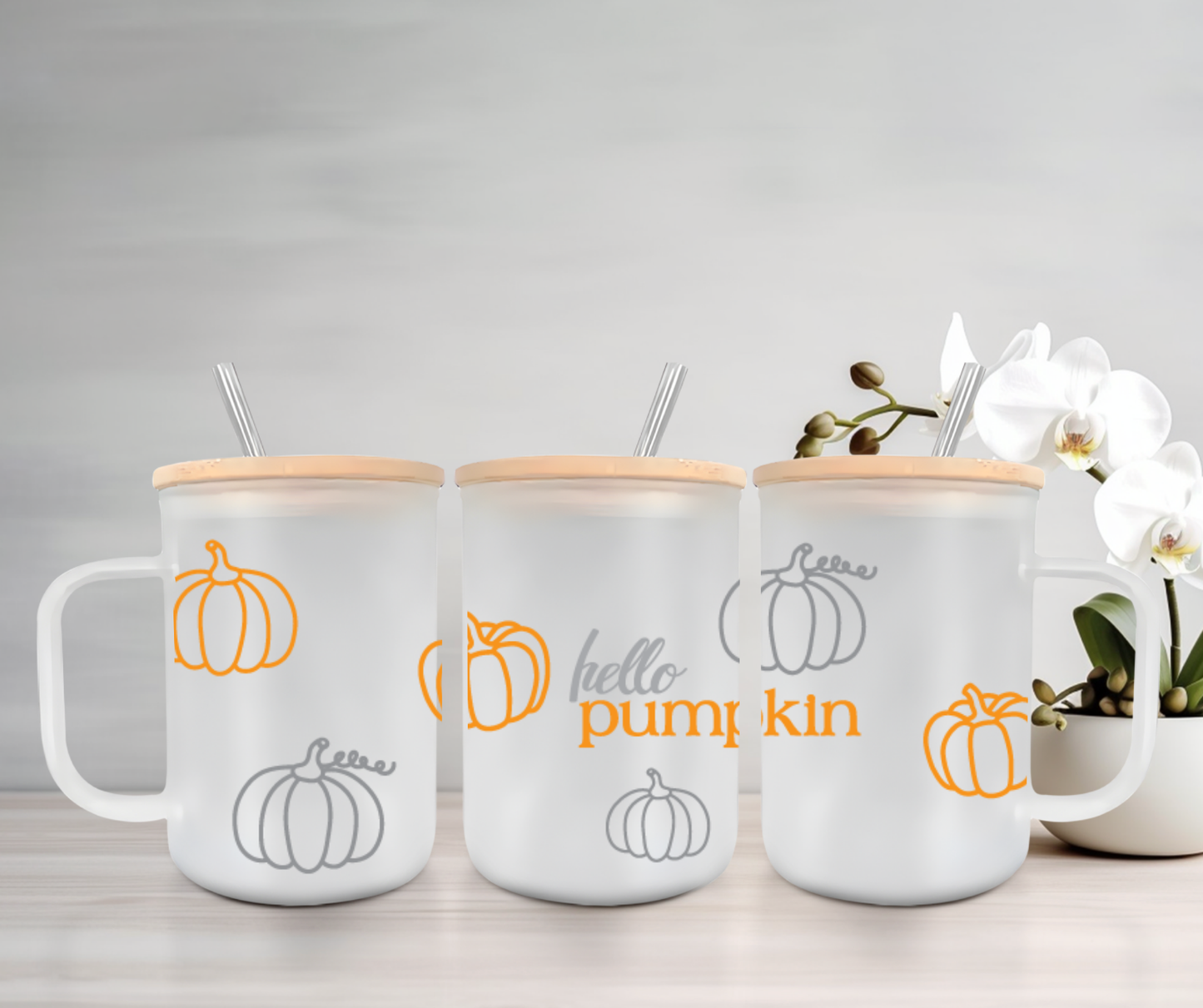 Hello Pumpkin | UVDTF | 15oz Mug with Handle, Bamboo Lid & Straw