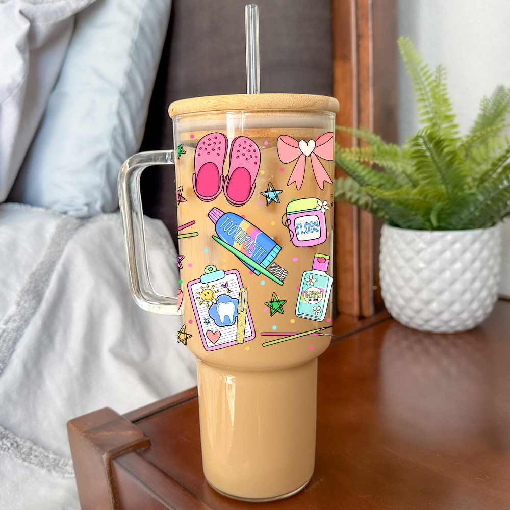 Dental Hygienist | UVDTF | 40oz Glass Tumbler with Bamboo Lid & Straw