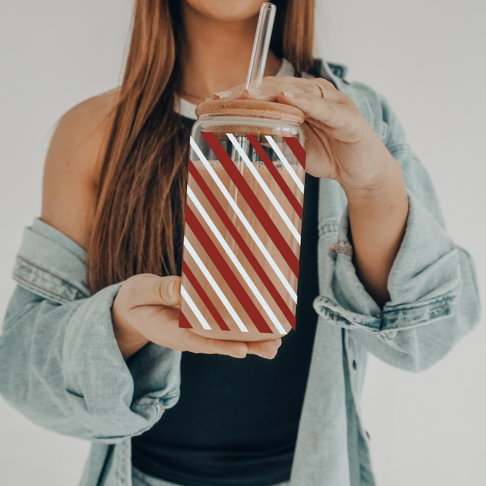 Candy Cane Stripes | UVDTF | 20 oz Libbey Can Glass with Bamboo Lid & Straw