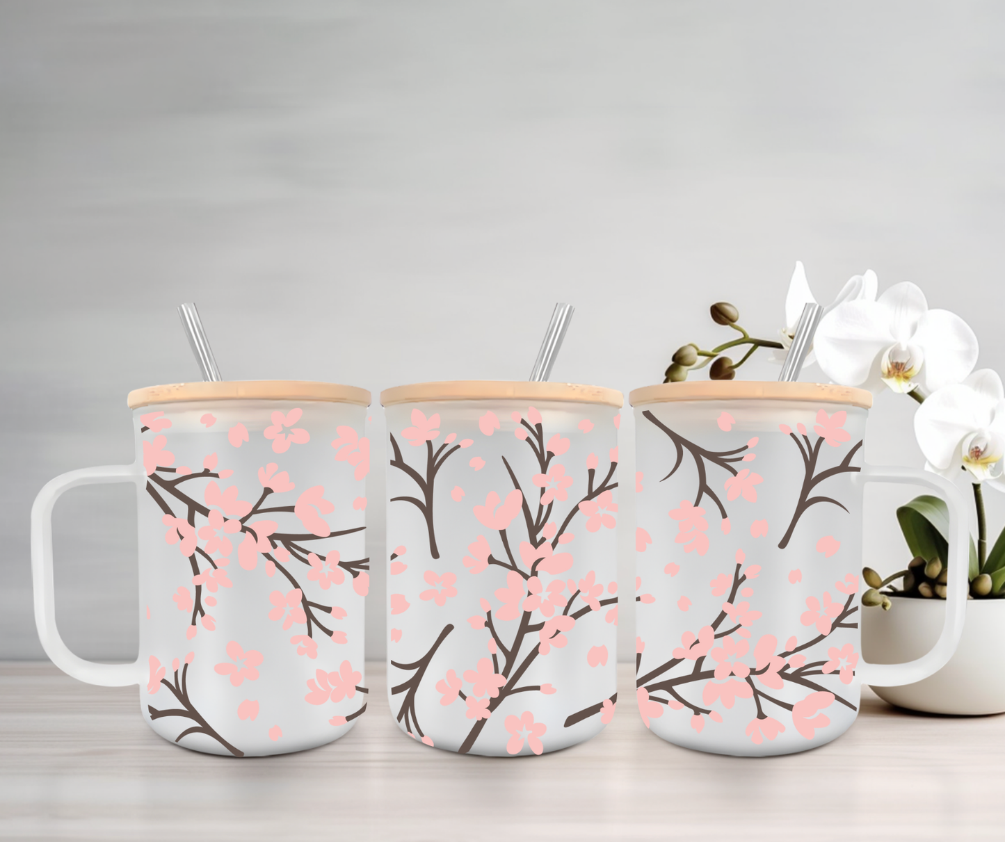Cherry Blossom | UVDTF | 15oz Mug with Handle, Bamboo Lid & Straw