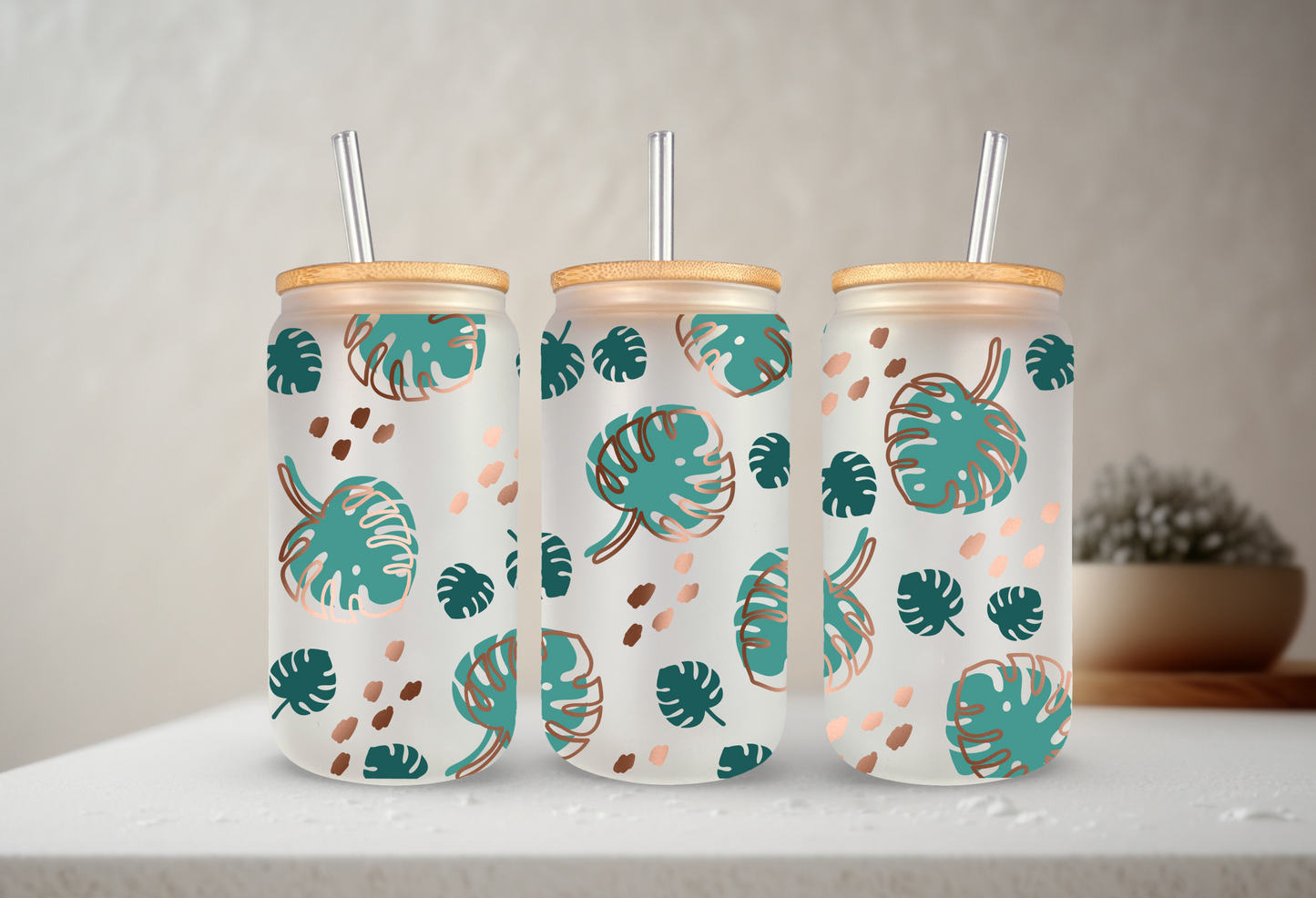 Monstera | UVDTF | 20 oz Libbey Can Glass with Bamboo Lid & Straw