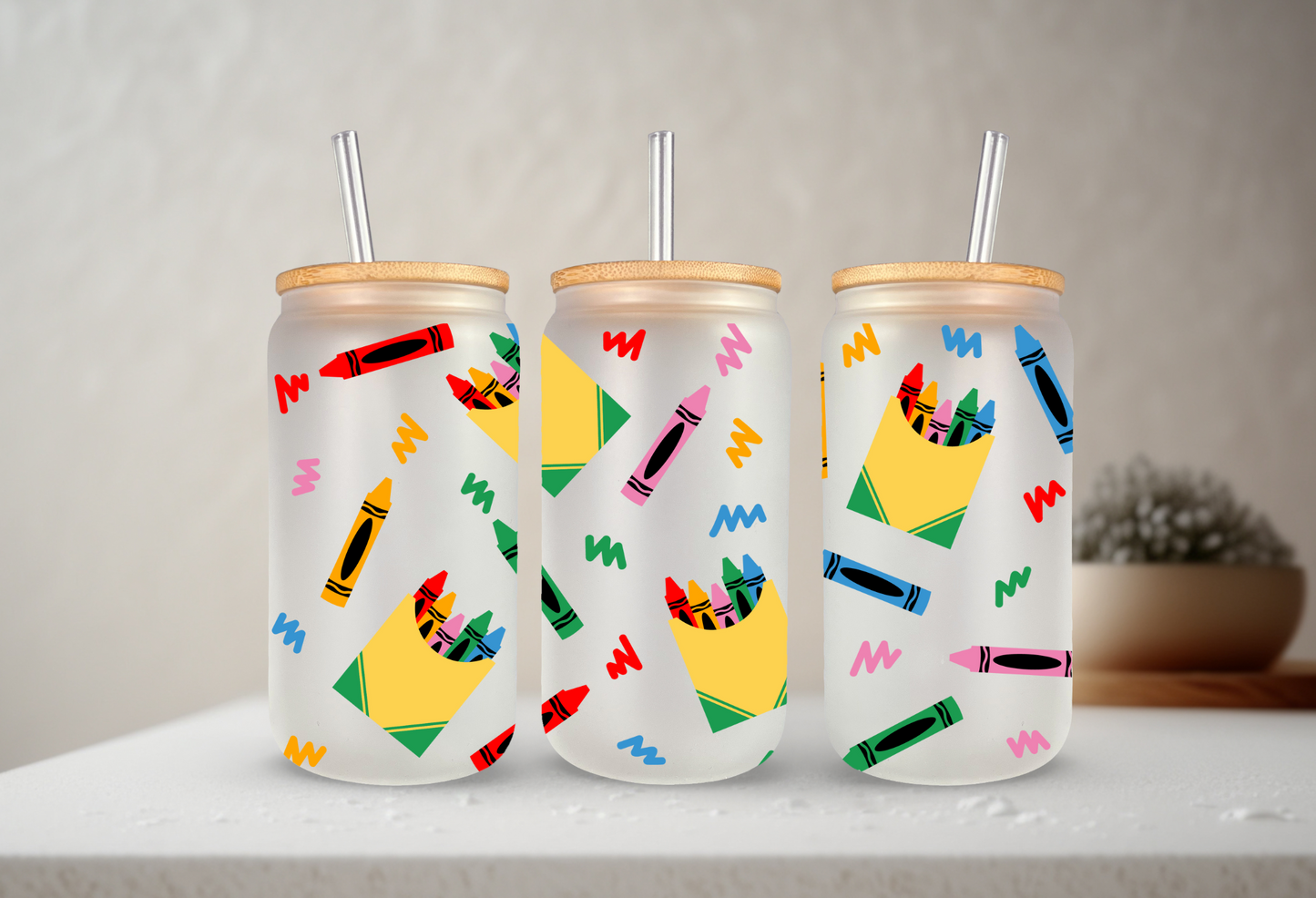 Crayons | UVDTF | 20 oz Libbey Can Glass with Bamboo Lid & Straw
