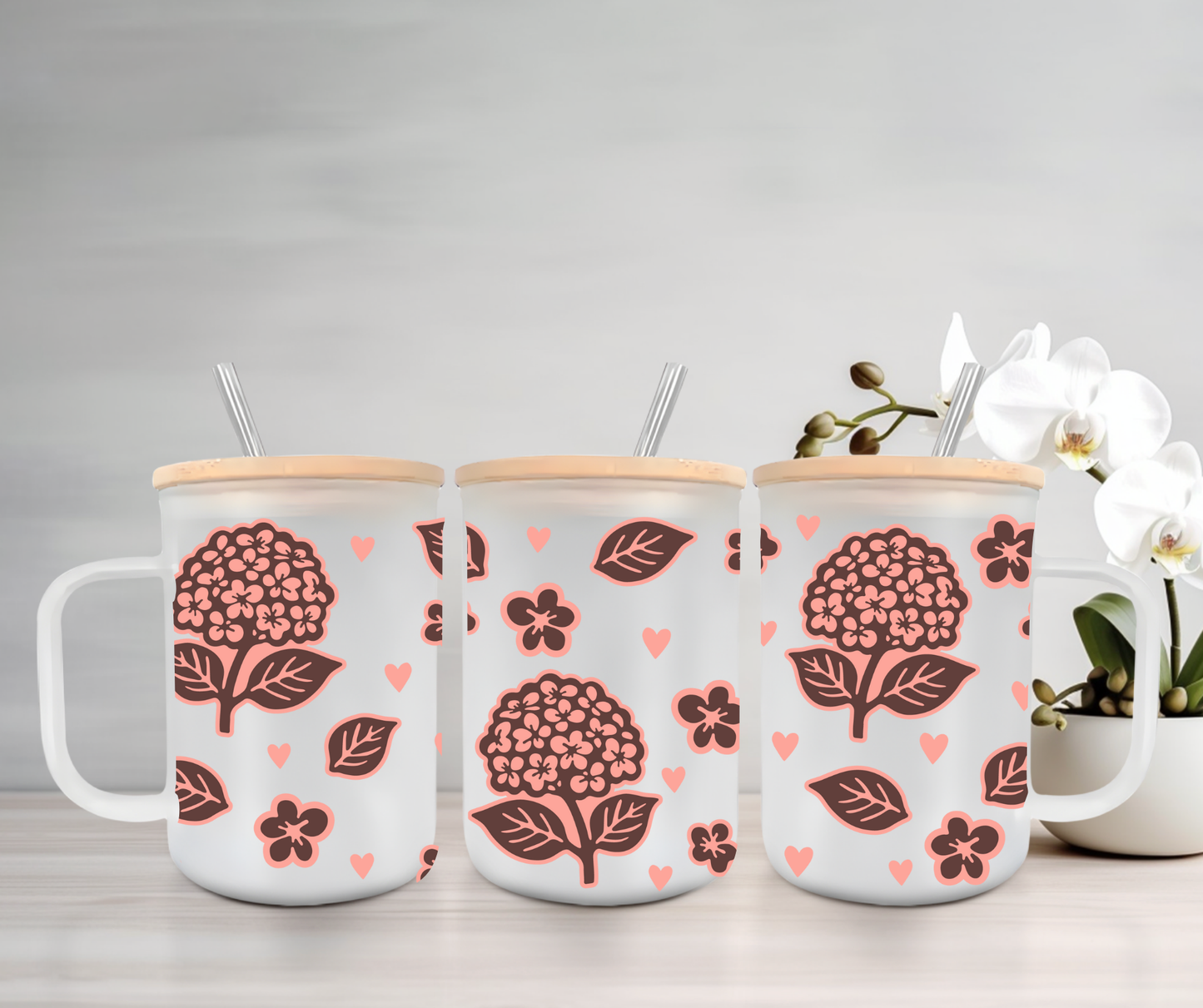 Hydrangea | UVDTF | 15oz Mug with Handle, Bamboo Lid & Straw