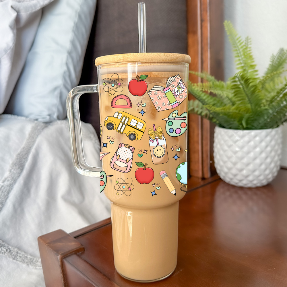 Teacher Things | UVDTF | 40oz Glass Tumbler with Bamboo Lid & Straw