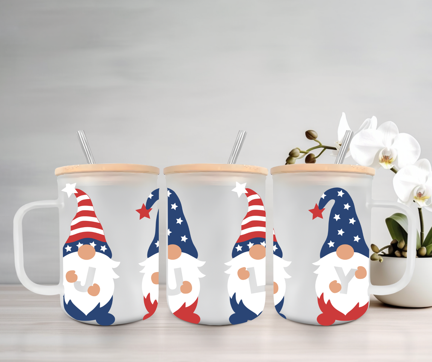 Patriotic Gnomes | UVDTF | 15oz Mug with Handle, Bamboo Lid & Straw