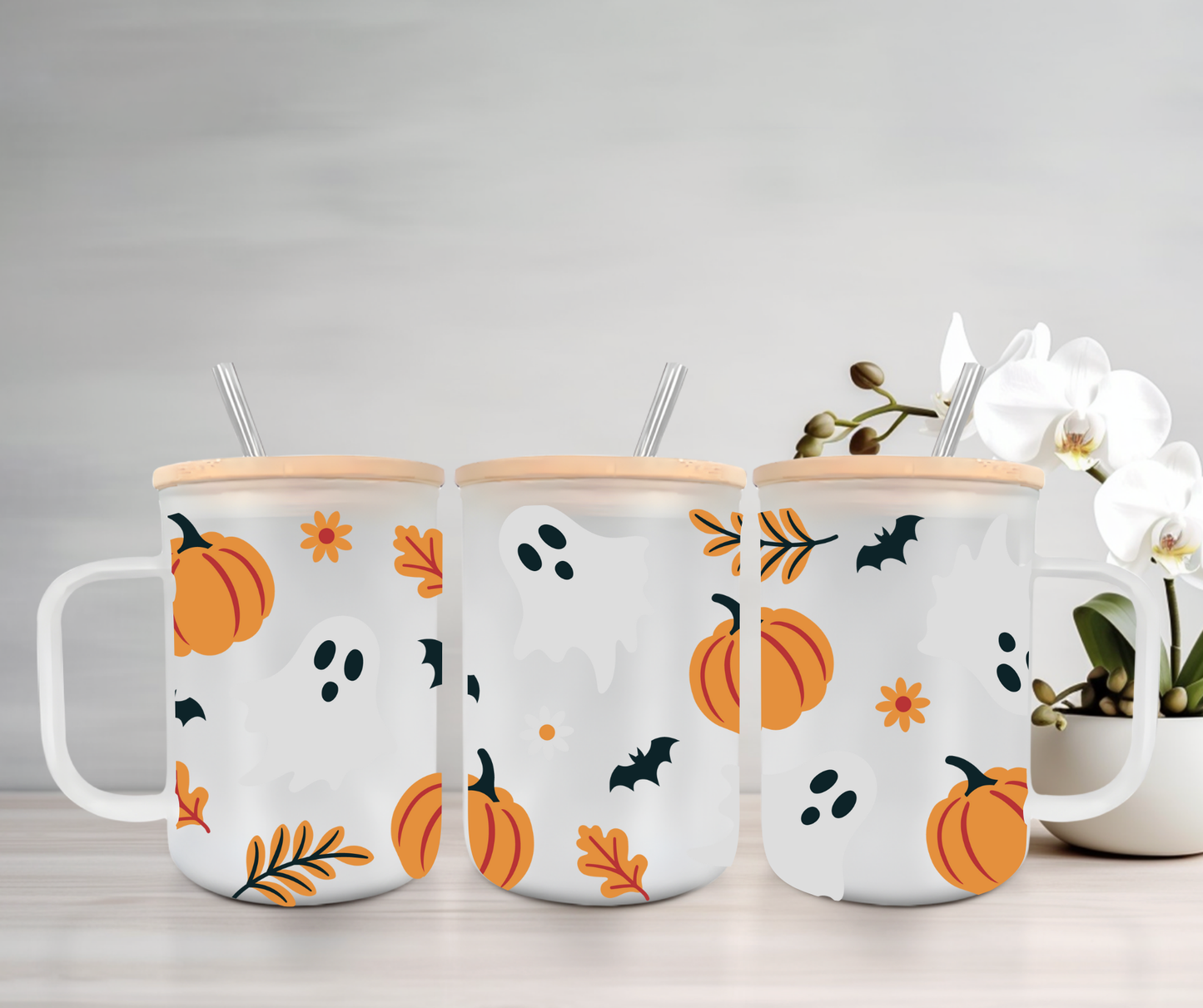 Pumpkin Ghosts | UVDTF | 15oz Mug with Handle, Bamboo Lid & Straw