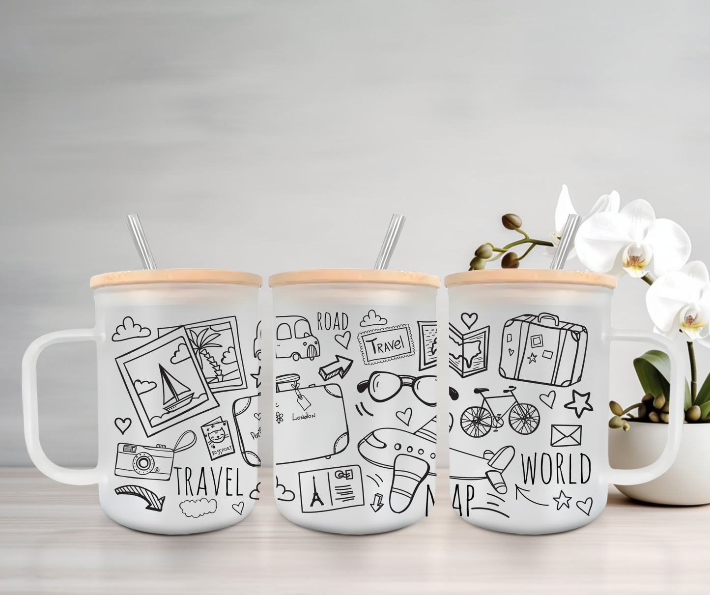 Travel | UVDTF | 15oz Mug with Handle, Bamboo Lid & Straw