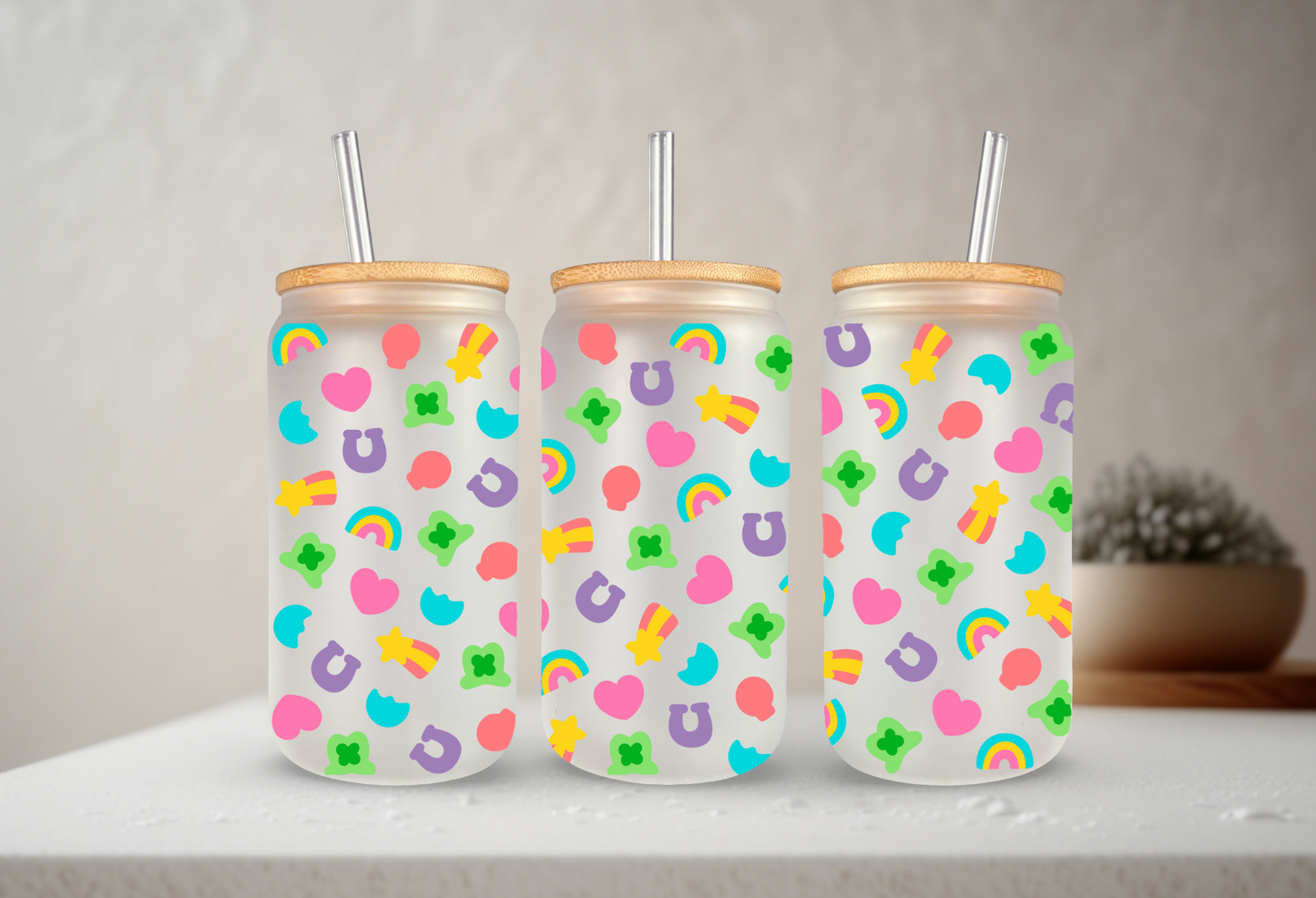 Lucky Marshmallows | UVDTF | 20 oz Libbey Can Glass with Bamboo Lid & Straw