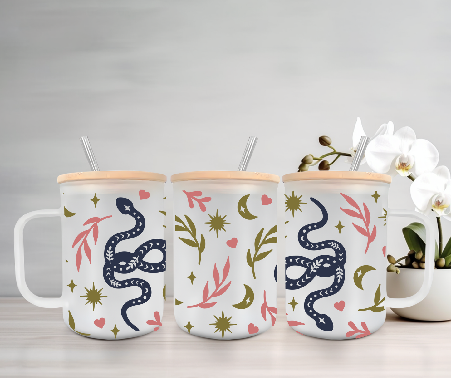 Boho Snakes | UVDTF | 15oz Mug with Handle, Bamboo Lid & Straw