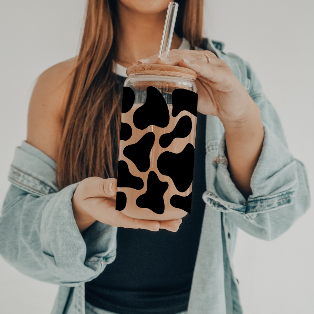 Cow Print | VINYL | 20 oz Libbey Can Glass with Bamboo Lid & Straw