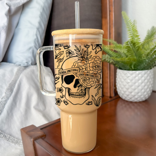Kinda Emotional, Kinda Emotionless | VINYL | 40 oz Glass Tumbler with Bamboo Lid & Straw