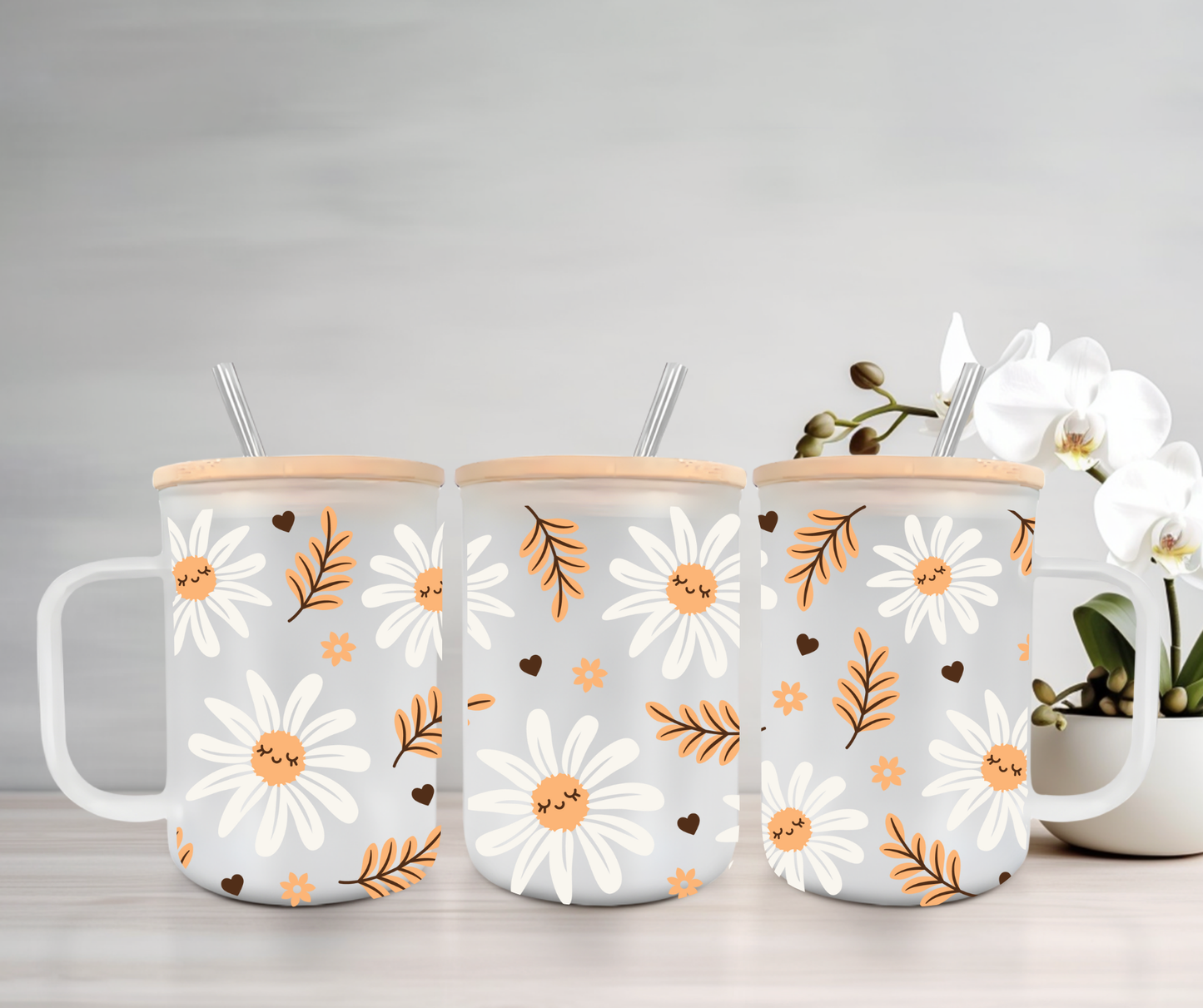 Fall Daisy | UVDTF | 15oz Mug with Handle, Bamboo Lid & Straw