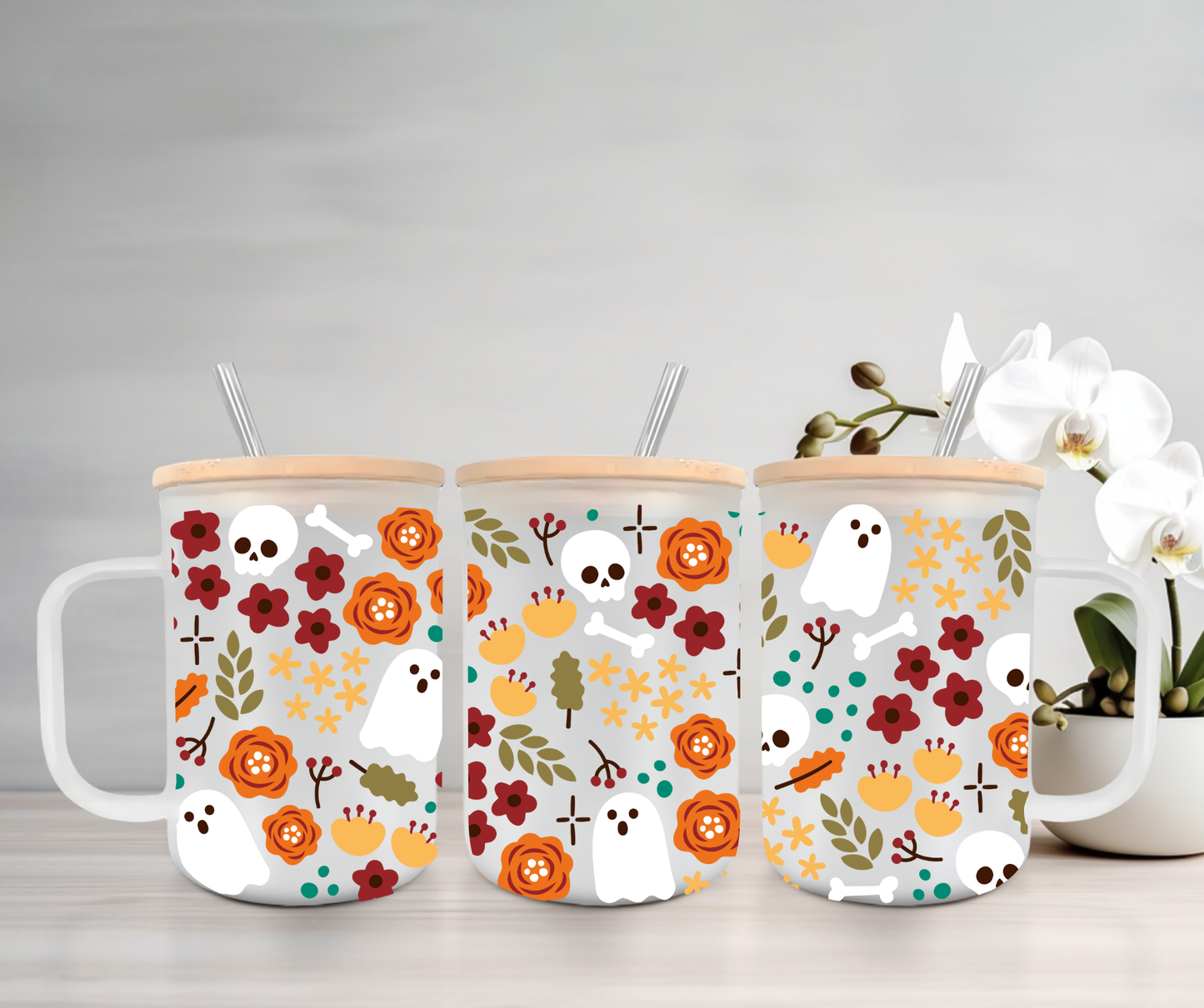 Floral Halloween | UVDTF | 15oz Mug with Handle, Bamboo Lid & Straw