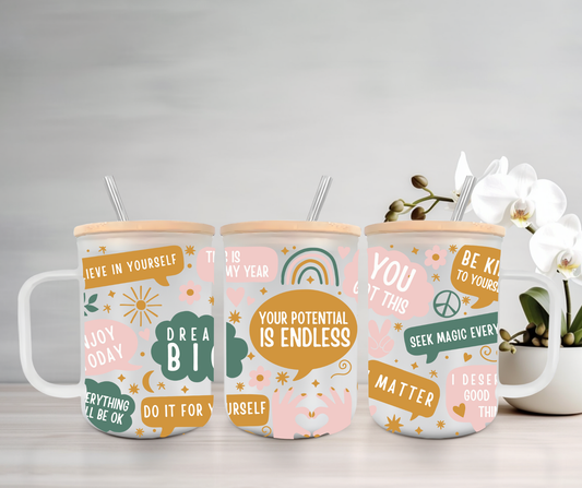 Self Love Notes | UVDTF | 15oz Mug with Handle, Bamboo Lid & Straw