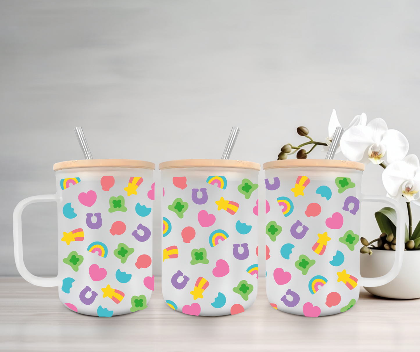 Lucky Marshmallows | UVDTF | 15oz Mug with Handle, Bamboo Lid & Straw