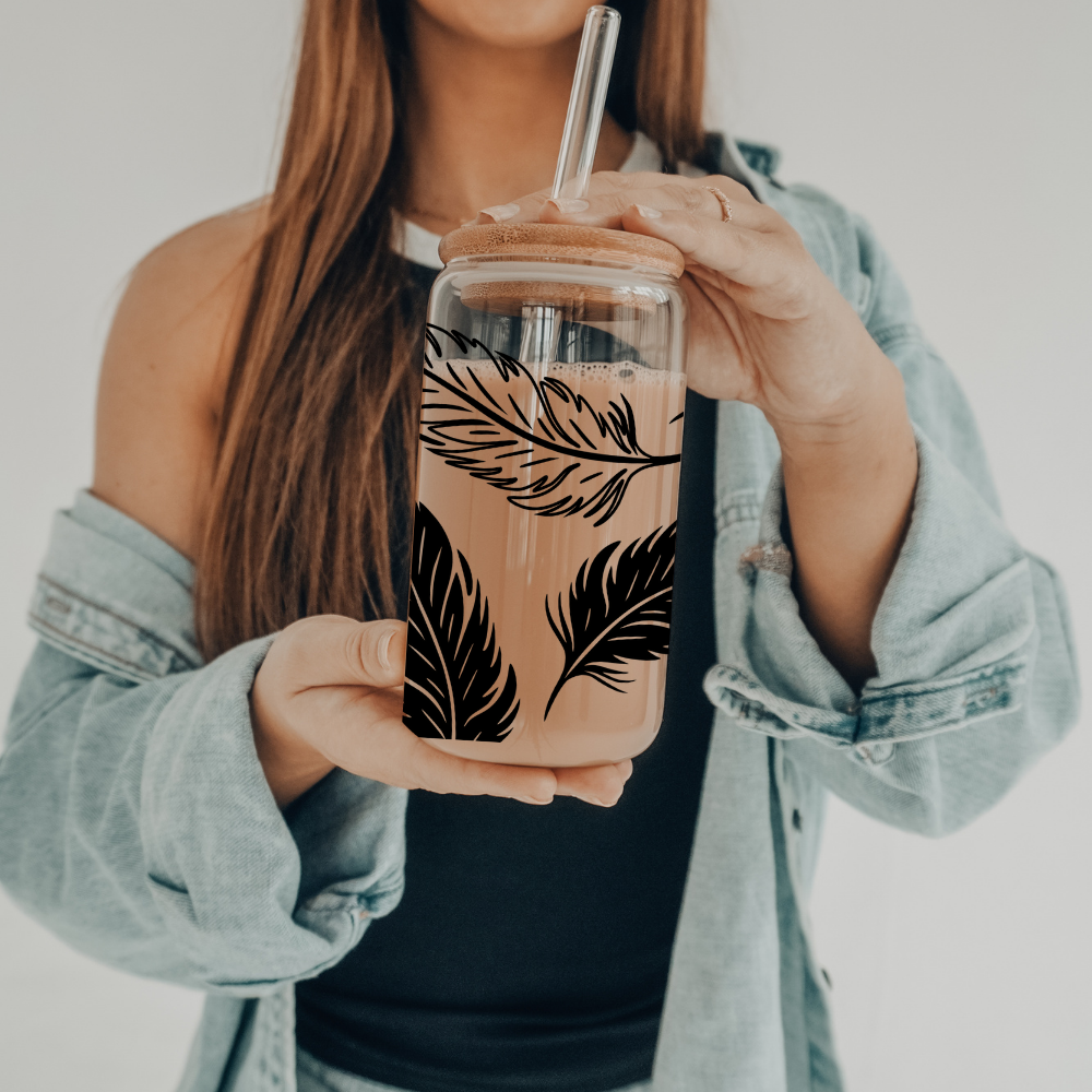 Feathers | VINYL | 20 oz Libbey Can Glass with Bamboo Lid & Straw