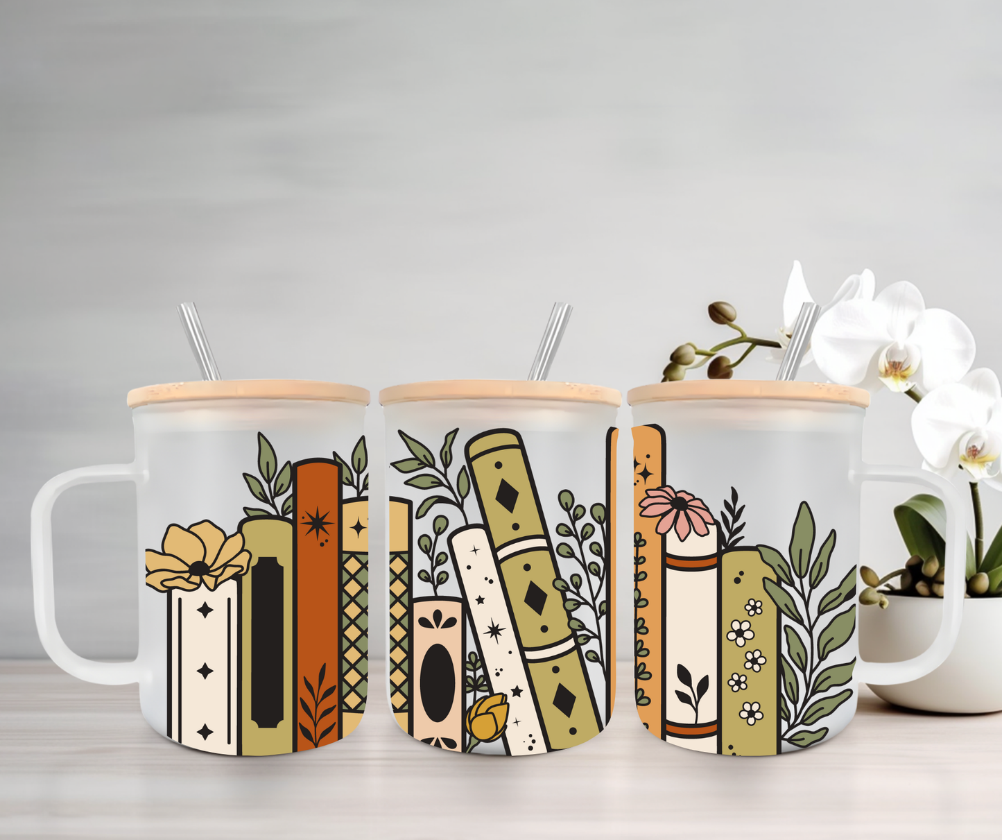 Floral Books - Color | UVDTF | 15oz Mug with Handle, Bamboo Lid & Straw