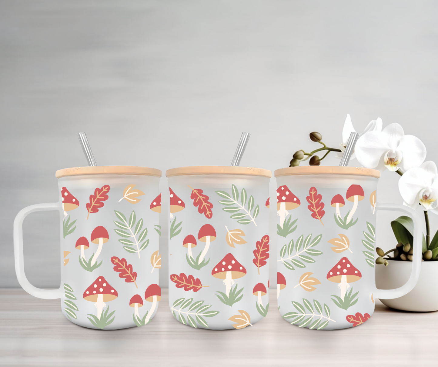Mushrooms | UVDTF | 15oz Mug with Handle, Bamboo Lid & Straw