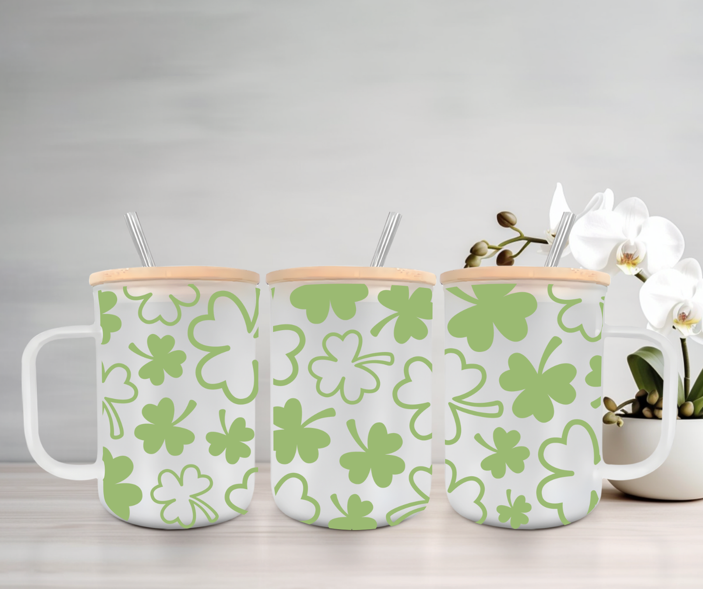 Clovers | VINYL | 15oz Mug with Handle, Bamboo Lid & Straw