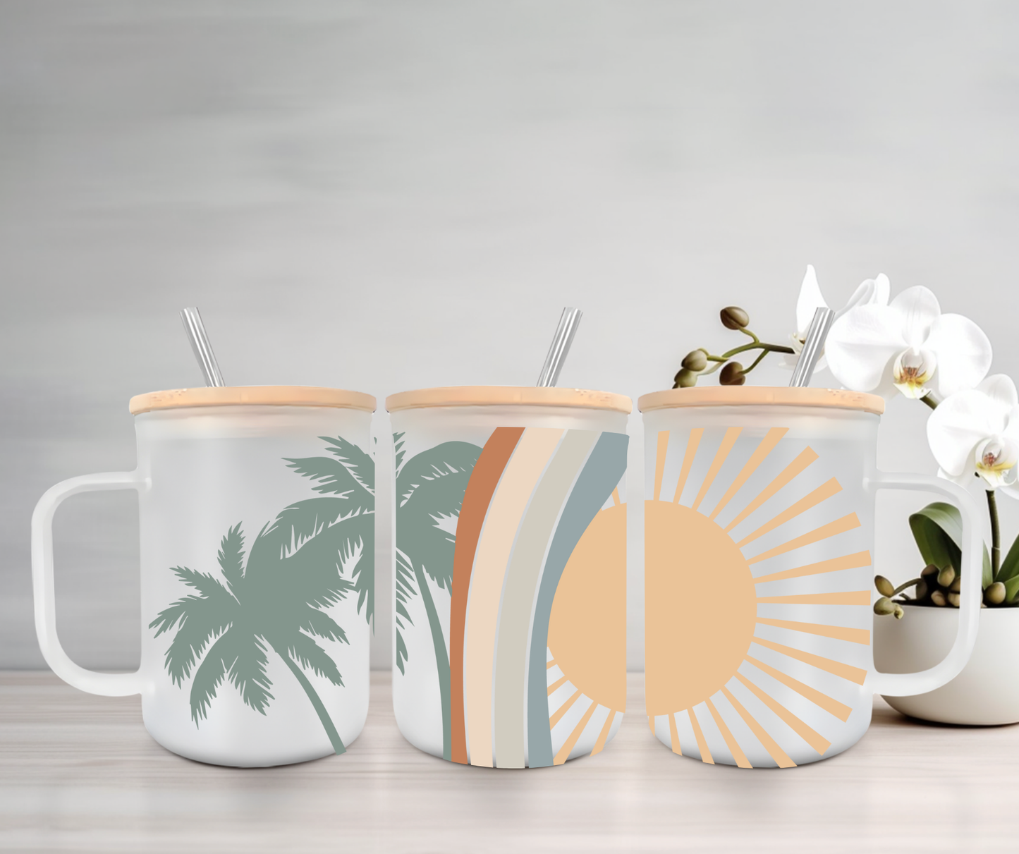 Palm Tree Sun | UVDTF | 15oz Mug with Handle, Bamboo Lid & Straw
