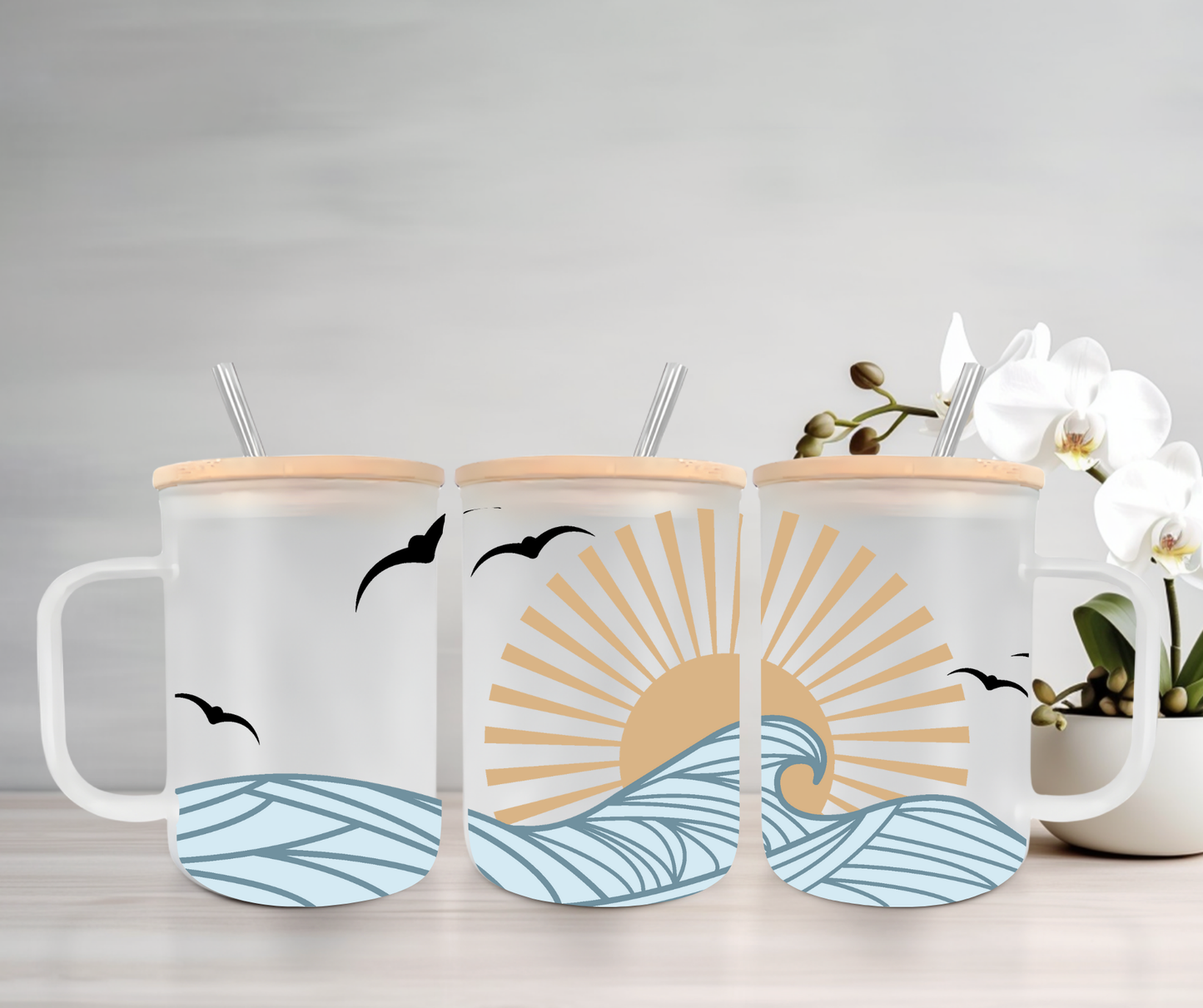 Summer Waves | UVDTF | 15oz Mug with Handle, Bamboo Lid & Straw
