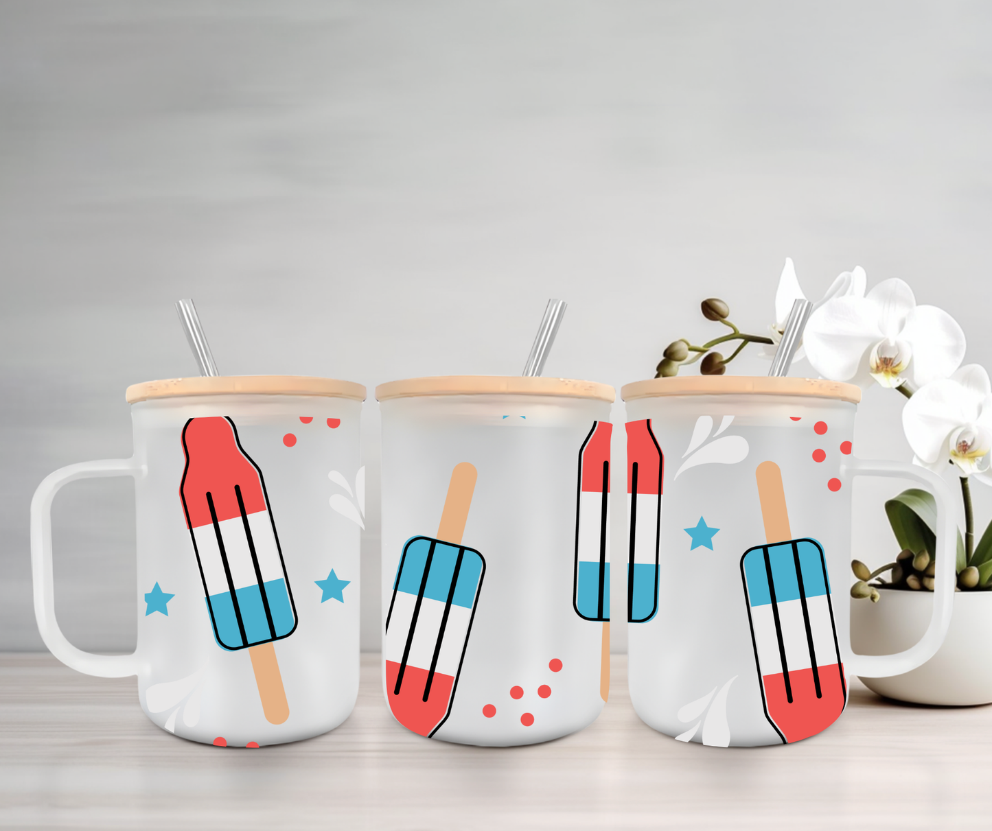 Patriotic Bomb Pop | UVDTF | 15oz Mug with Handle, Bamboo Lid & Straw