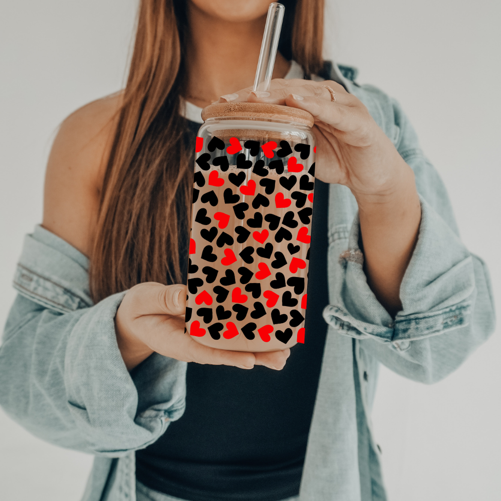 Hearts - Black & Red | UVDTF | 20 oz Libbey Can Glass with Bamboo Lid & Straw