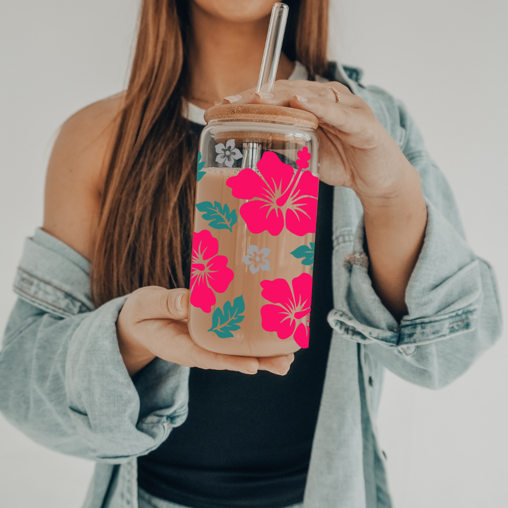 Hibiscus | UVDTF | 20 oz Libbey Can Glass with Bamboo Lid & Straw