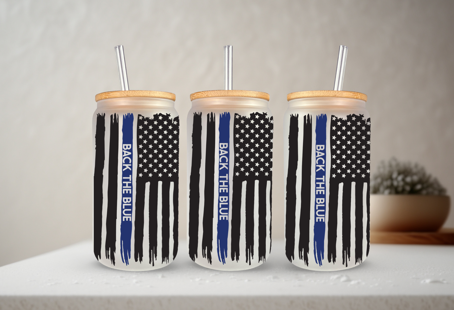 Back The Blue | UVDTF | 20 oz Libbey Can Glass with Bamboo Lid & Straw