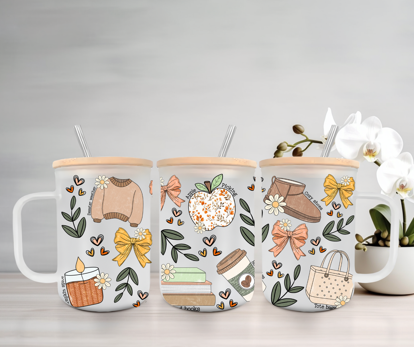 Fall Coquette | UVDTF | 15oz Mug with Handle, Bamboo Lid & Straw