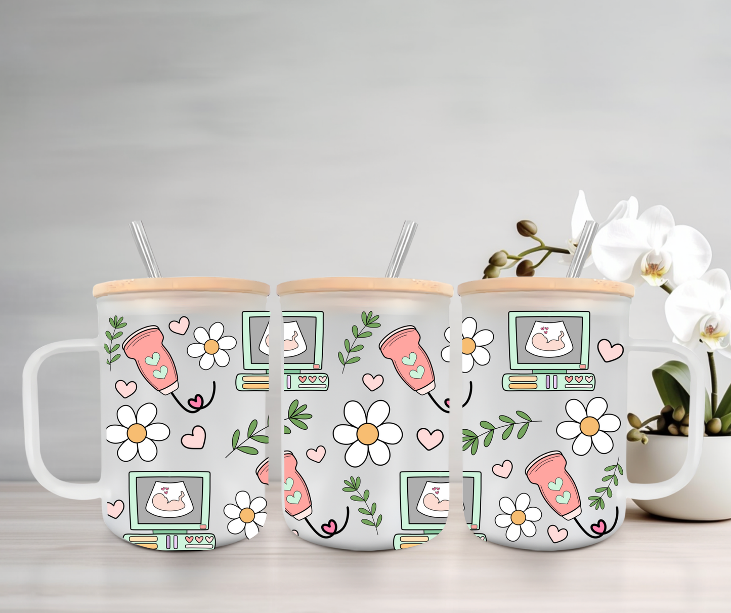 Ultrasound | UVDTF | 15oz Mug with Handle, Bamboo Lid & Straw