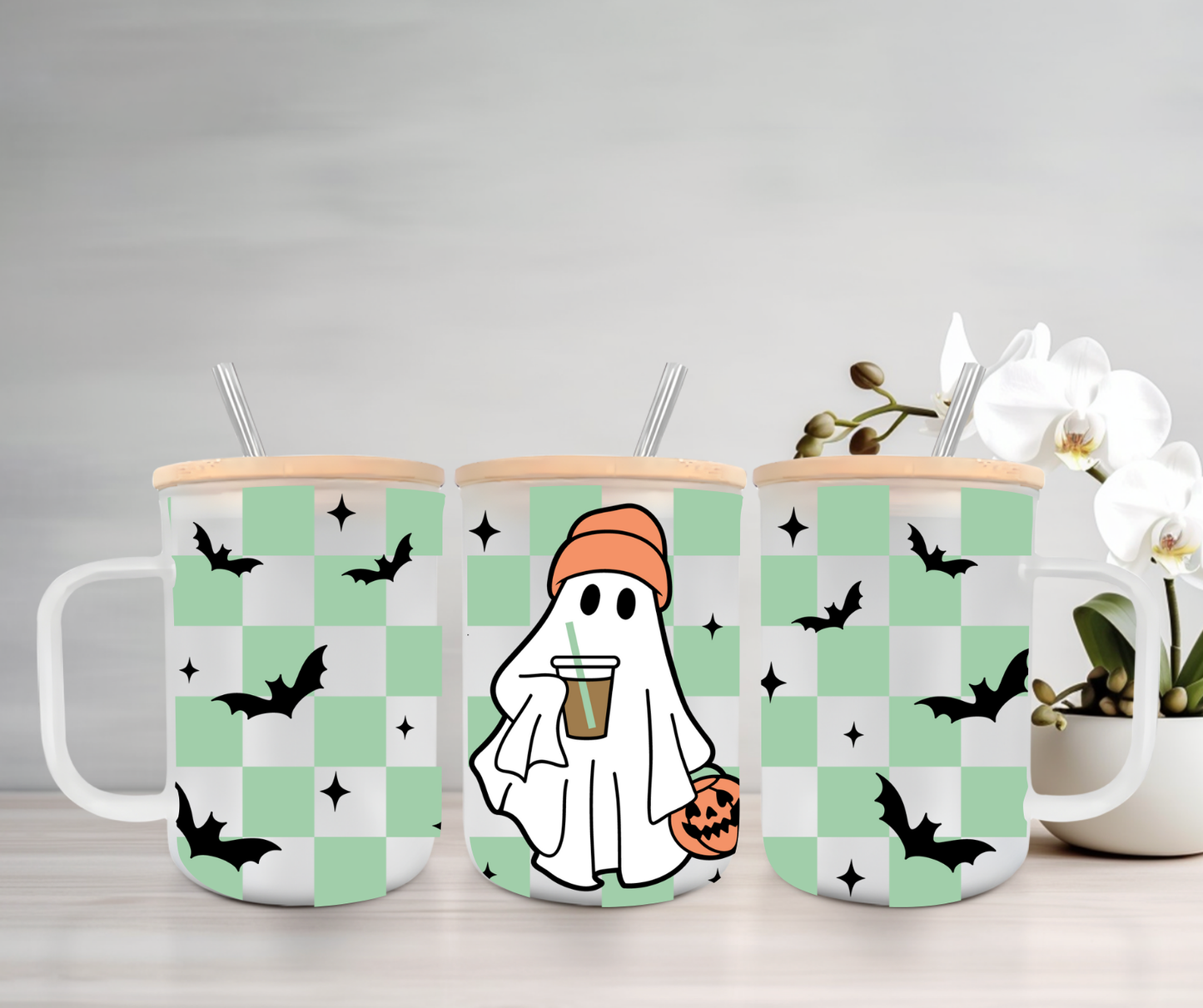 Cozy Ghost | VINYL | 15oz Mug with Handle, Bamboo Lid & Straw