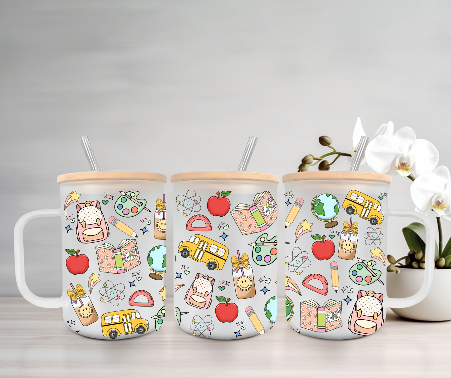 Teacher Things | UVDTF | 15oz Mug with Handle, Bamboo Lid & Straw