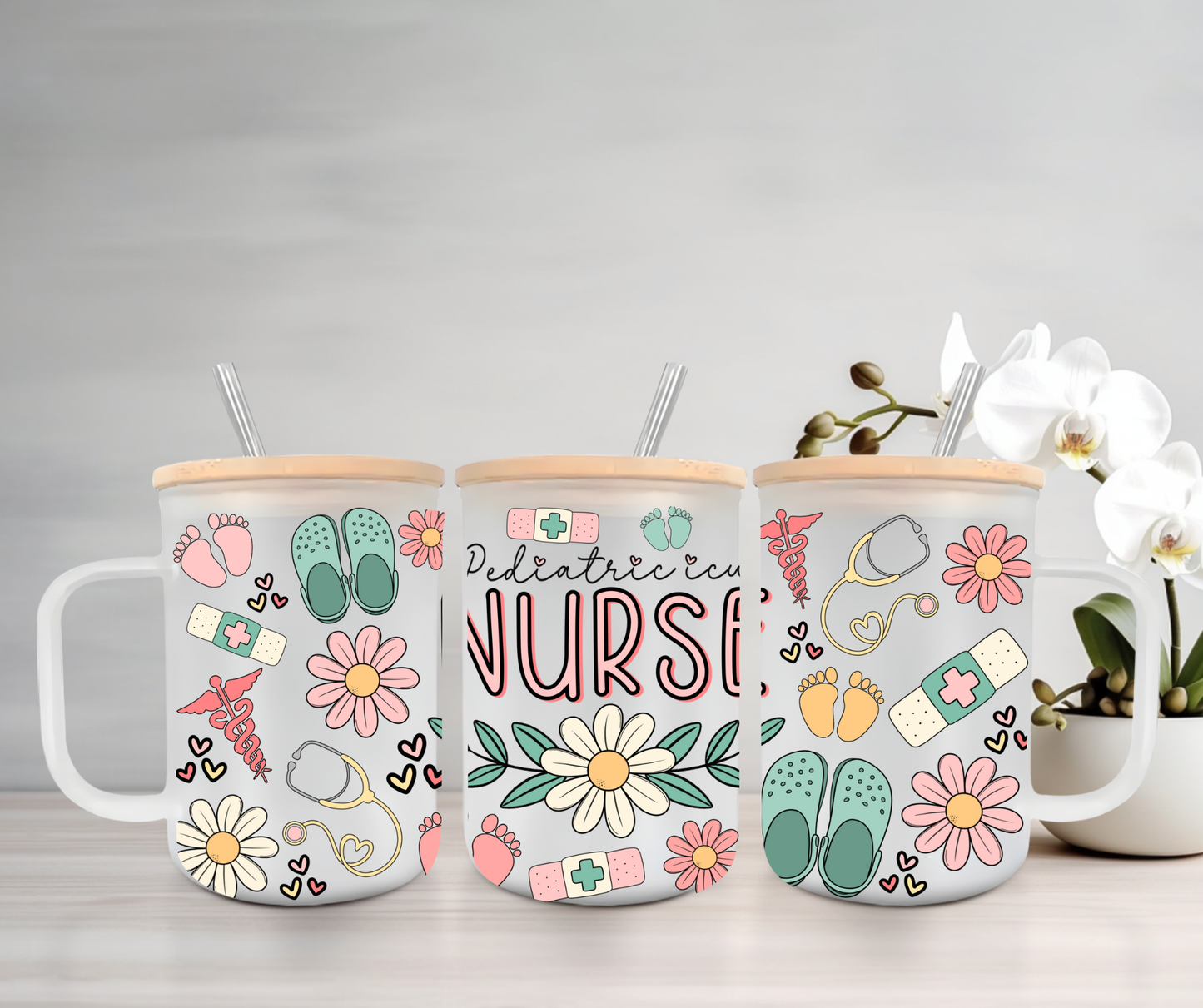 Pediatric ICU Nurse (PICU) | UVDTF | 15oz Mug with Handle, Bamboo Lid & Straw