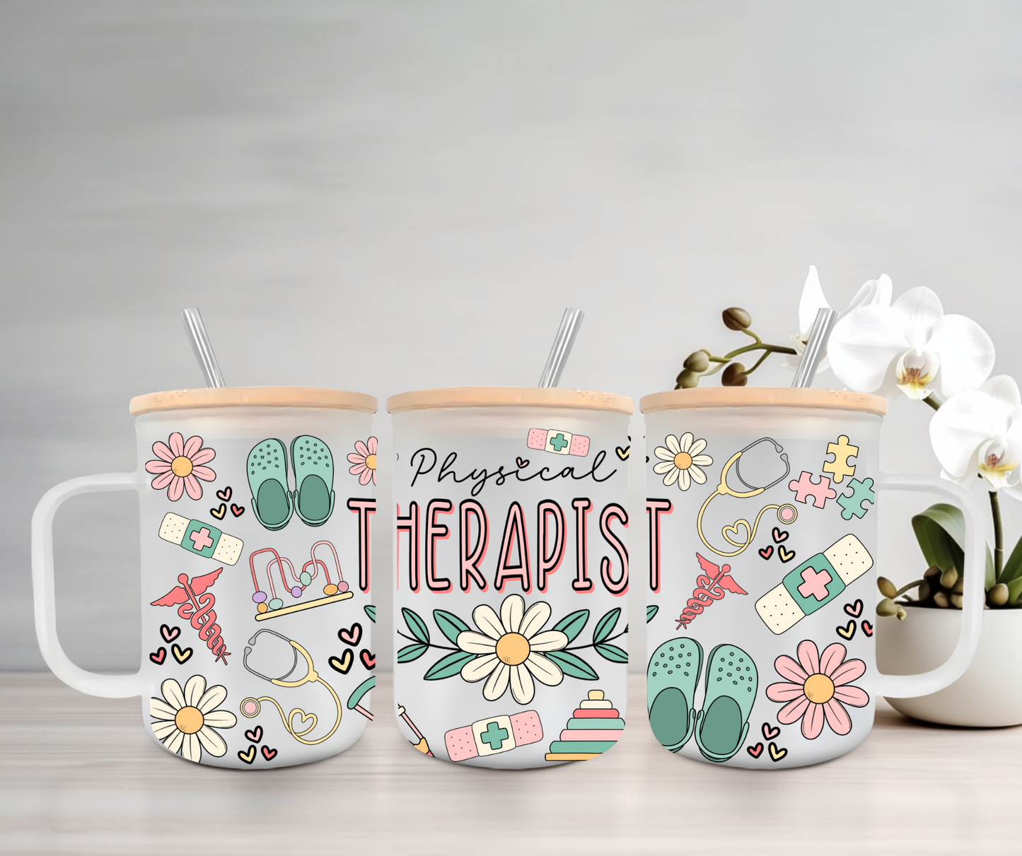 Physical Therapist | UVDTF | 15oz Mug with Handle, Bamboo Lid & Straw