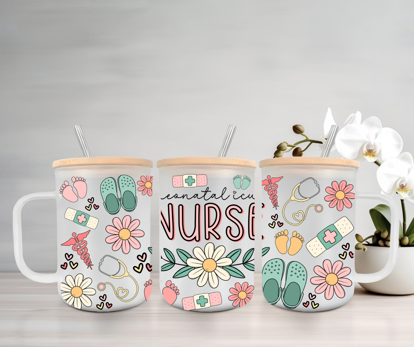 Neonatal ICU (NICU) | UVDTF | 15oz Mug with Handle, Bamboo Lid & Straw