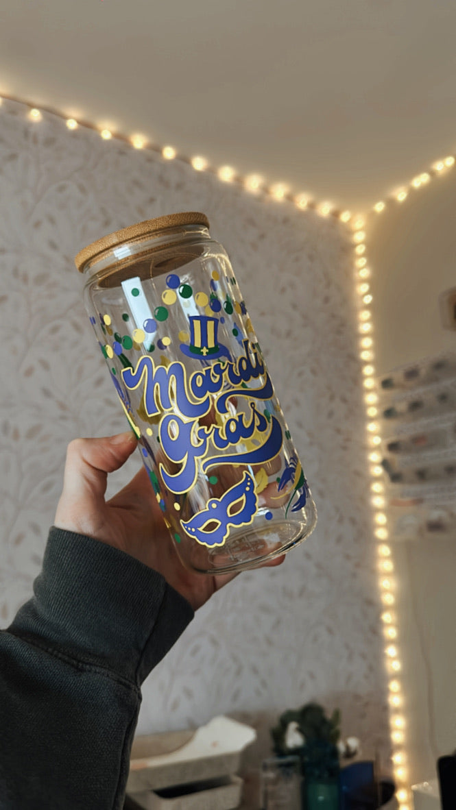 Mardi Gras | VINYL | 20 oz Libbey Can Glass with Bamboo Lid & Straw